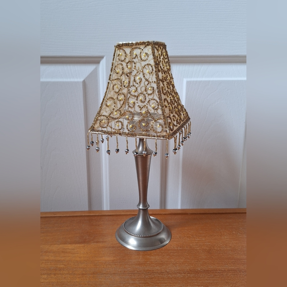 Vintage Pottery Barn Beaded Candlestick Holder Mini Lampshade Fringe Boho Glam